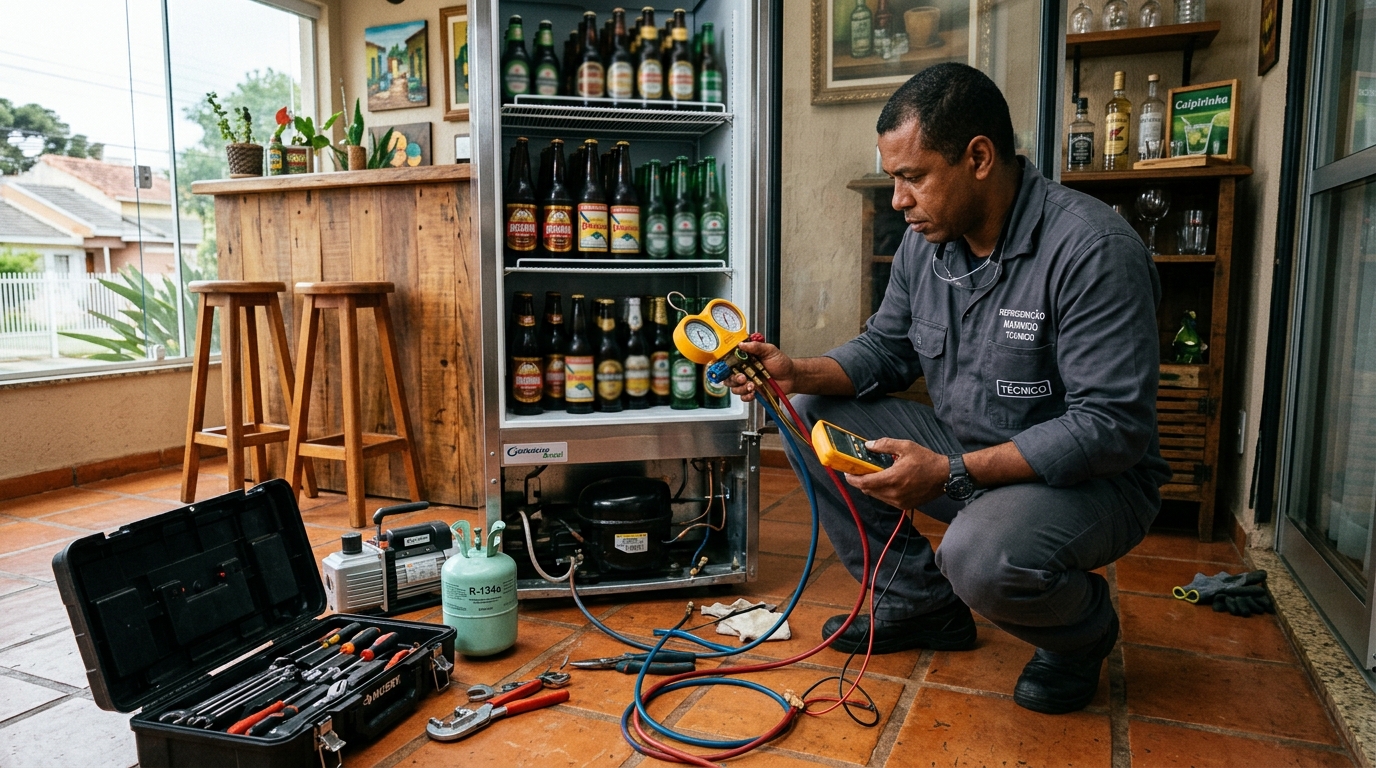Profissional executando reparo no motor de cervejeira em Aparecida de Goiânia‑GO