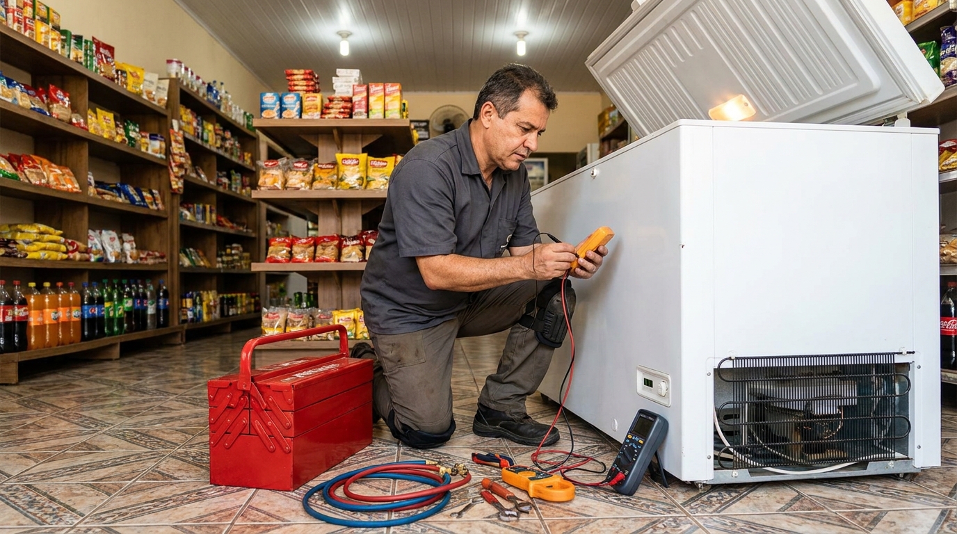 Recarga de gás refrigerante no freezer durante atendimento em Aparecida de Goiânia‑GO