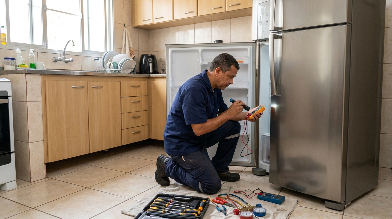 Técnico aplicando recarga de gás refrigerante em geladeira em Aparecida de Goiânia‑GO