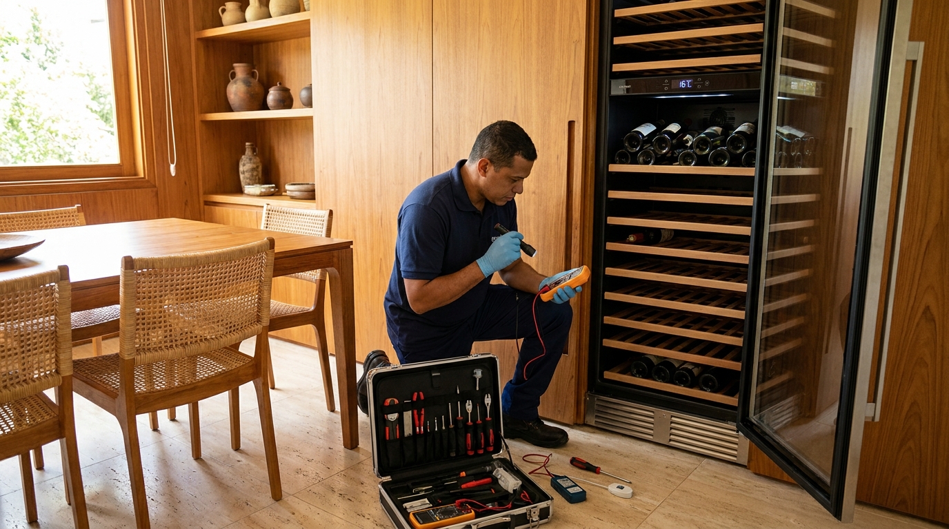 Substituição de termostato em adega climatizada em visita técnica em Aparecida de Goiânia‑GO